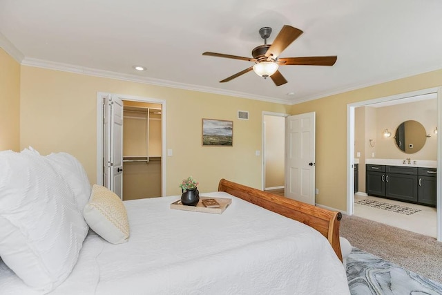 8122 Parkhill Rd, Lenexa, KS 66215 - bedroom with ornamental molding, light carpet, a ceiling fan, a sink, and ensuite bathroom