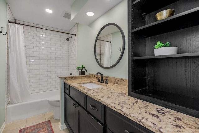 8122 Parkhill Rd, Lenexa, KS 66215 - bathroom with toilet, vanity, shower / tub combo, recessed lighting, and tile patterned flooring