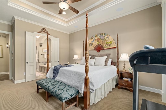 3116 W 137th St, Leawood, KS 66224 - bedroom with light carpet, ornamental molding, a tray ceiling, baseboards, and a ceiling fan