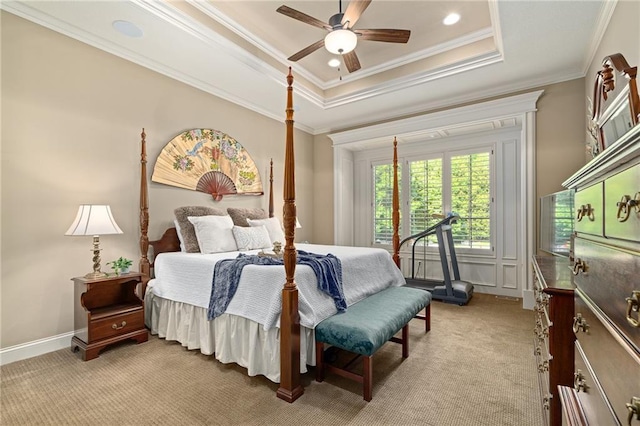 3116 W 137th St, Leawood, KS 66224 - bedroom featuring light carpet, ornamental molding, a tray ceiling, and ceiling fan