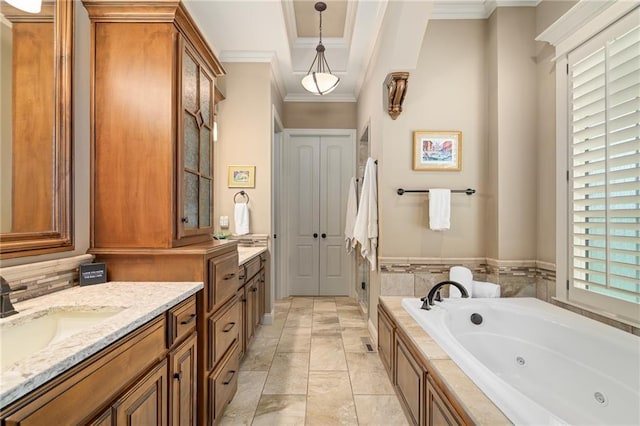 3116 W 137th St, Leawood, KS 66224 - full bathroom featuring crown molding, a whirlpool tub, vanity, and a shower stall
