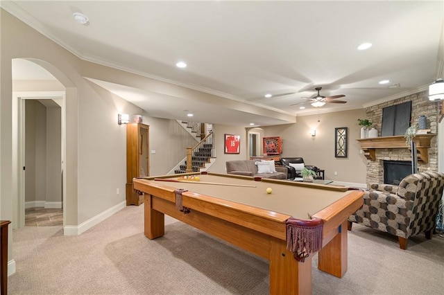3116 W 137th St, Leawood, KS 66224 - playroom with light carpet, ornamental molding, billiards, a fireplace, and baseboards