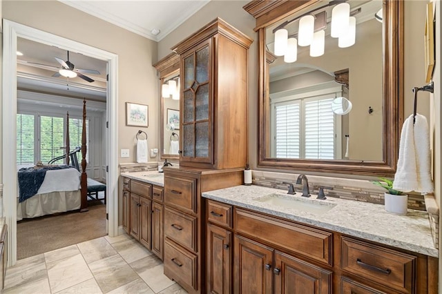 3116 W 137th St, Leawood, KS 66224 - ensuite bathroom featuring crown molding, double vanity, and ceiling fan