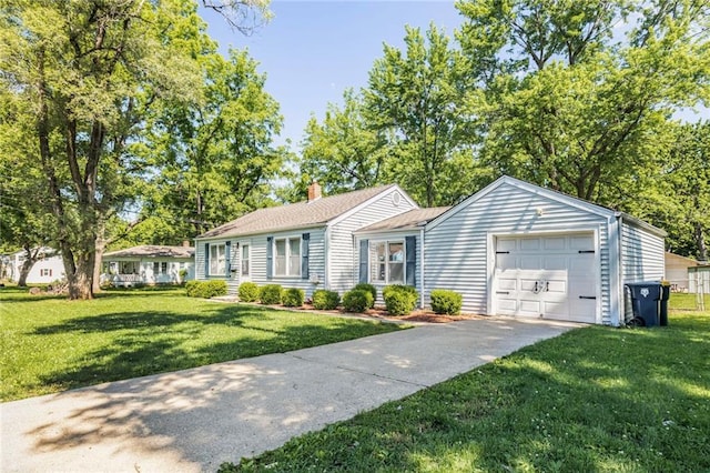 906 W 84th St, Kansas City, MO 64114 - single story home featuring a chimney, a front yard, concrete driveway, and a garage