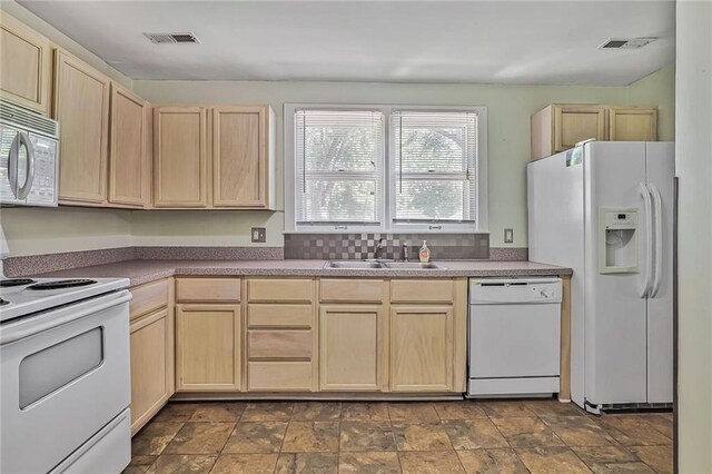 906 W 84th St, Kansas City, MO 64114 - kitchen with white appliances, light brown cabinetry, a sink, and stone finish flooring
