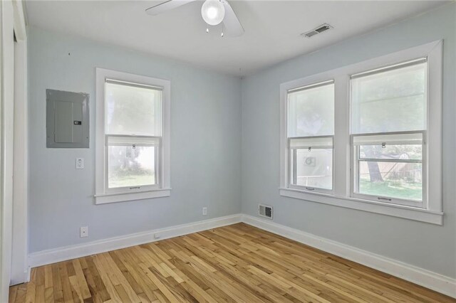 906 W 84th St, Kansas City, MO 64114 - empty room featuring electric panel, light wood-style floors, a ceiling fan, and baseboards