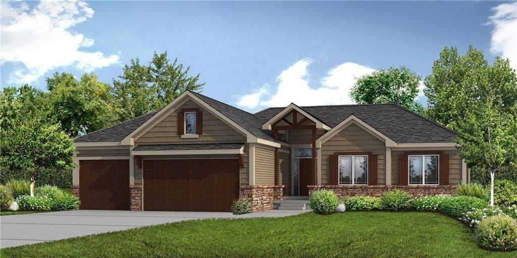 22609 Cole Ct, Peculiar, MO 64078 - view of front of property featuring an attached garage, a front lawn, driveway, and stone siding