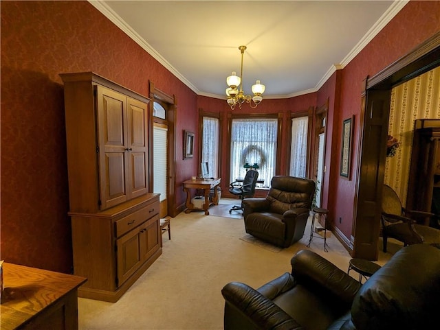 433 W State St, Troy, KS 66087 - living room featuring light carpet, a chandelier, and crown molding