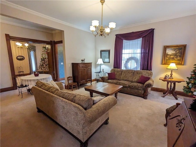 433 W State St, Troy, KS 66087 - carpeted living room with a chandelier, baseboards, and ornamental molding