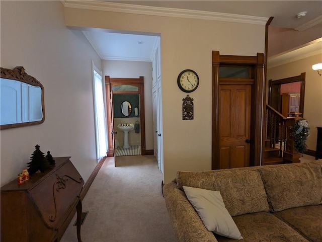 433 W State St, Troy, KS 66087 - corridor with carpet flooring, stairway, ornamental molding, and baseboards
