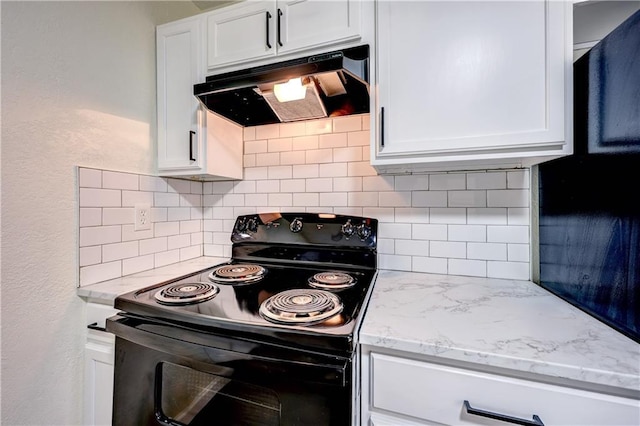 10711 Bennington Ave, Kansas City, MO 64134 - kitchen with black / electric stove, under cabinet range hood, backsplash, and white cabinets