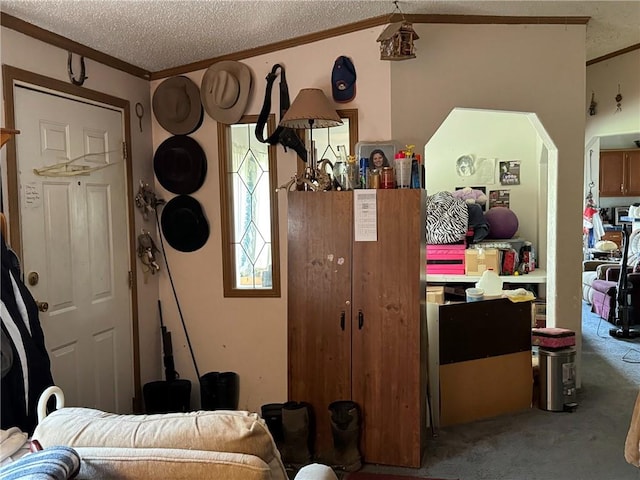 476 170th St, Fort Scott, KS 66701 - living area with crown molding, carpet floors, and a textured ceiling