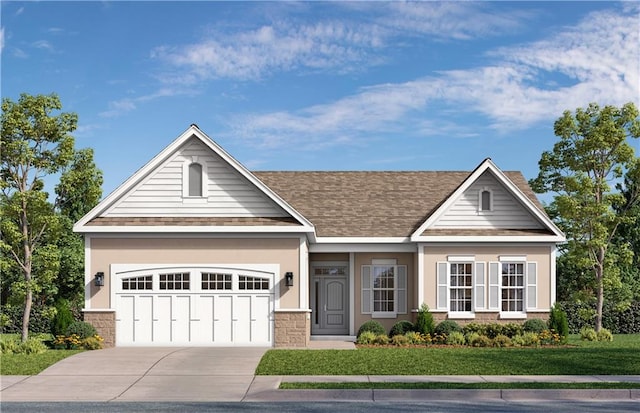 11407 Trevor Dr, Peculiar, MO 64078 - view of front of property with concrete driveway, a garage, a shingled roof, a front yard, and stucco siding