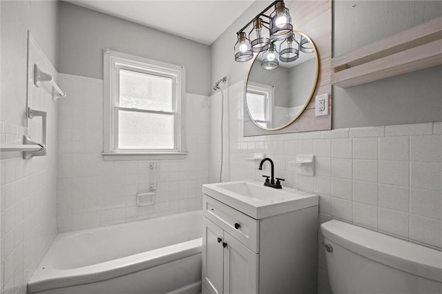 17207 E Swope Ln, Independence, MO 64056 - bathroom featuring tile walls, toilet, shower / tub combination, vanity, and a wainscoted wall