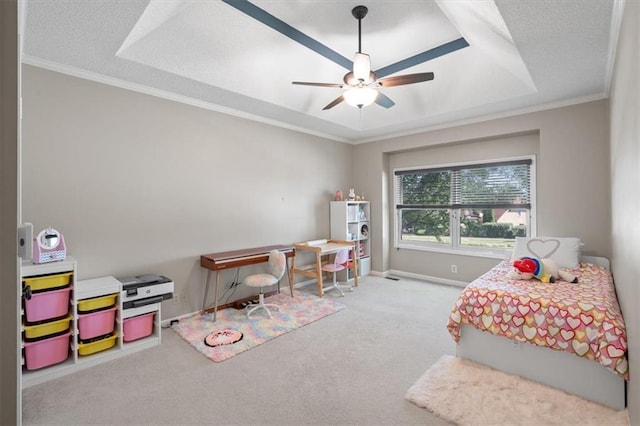 6221 W 126th Ter, Overland Park, KS 66209 - carpeted bedroom with ornamental molding, a raised ceiling, and ceiling fan