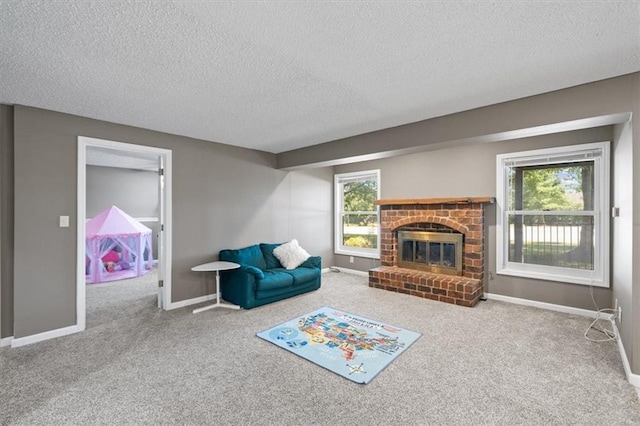 6221 W 126th Ter, Overland Park, KS 66209 - carpeted living area with a textured ceiling, healthy amount of natural light, and a brick fireplace