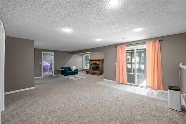 6221 W 126th Ter, Overland Park, KS 66209 - unfurnished living room featuring carpet, a brick fireplace, recessed lighting, a textured ceiling, and healthy amount of natural light