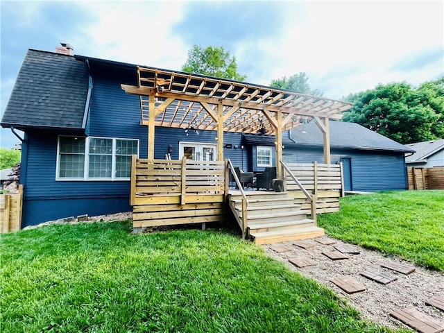 13106 E 57th St, Kansas City, MO 64133 - view of front of home featuring a wooden deck, a pergola, a chimney, and a shingled roof