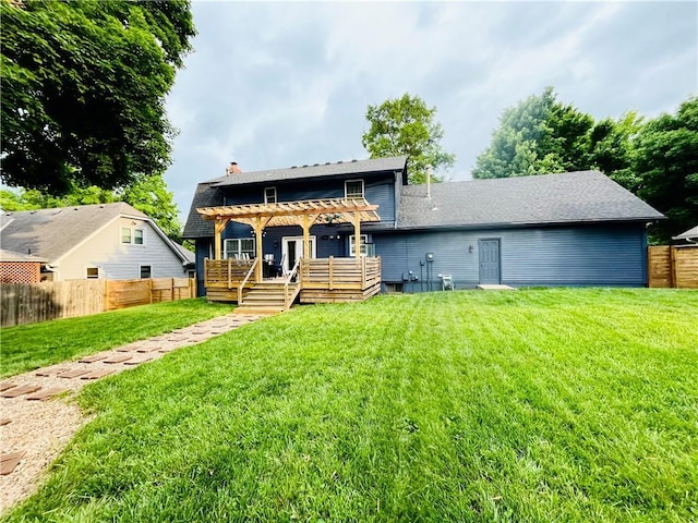 13106 E 57th St, Kansas City, MO 64133 - rear view of house with a pergola, a chimney, and a wooden deck
