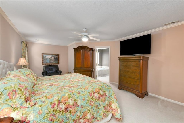 800 Ash Ct, Lansing, KS 66043 - bedroom featuring light carpet, ornamental molding, baseboards, a ceiling fan, and ensuite bathroom