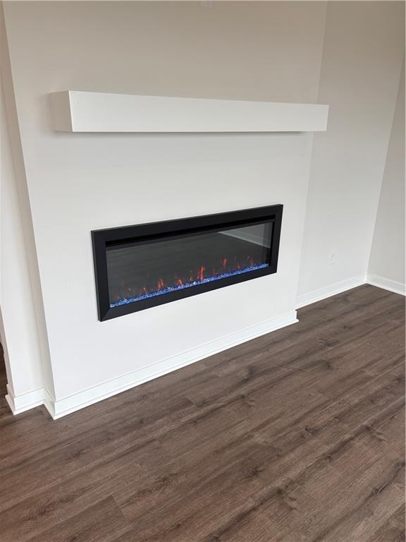 19620 W 201st St, Spring Hill, KS 66083 - detailed view of a glass covered fireplace, wood finished floors, and baseboards