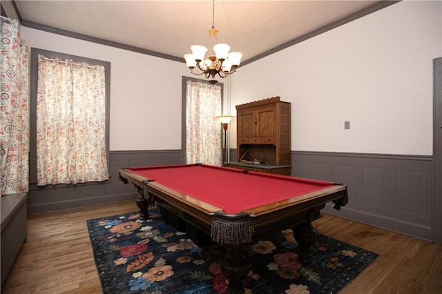 1017 Angelique St, Saint Joseph, MO 64501 - recreation room featuring a chandelier, wood finished floors, wainscoting, ornamental molding, and billiards table