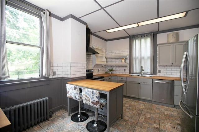 1017 Angelique St, Saint Joseph, MO 64501 - kitchen with butcher block countertops, radiator heating unit, appliances with stainless steel finishes, a sink, and gray cabinets