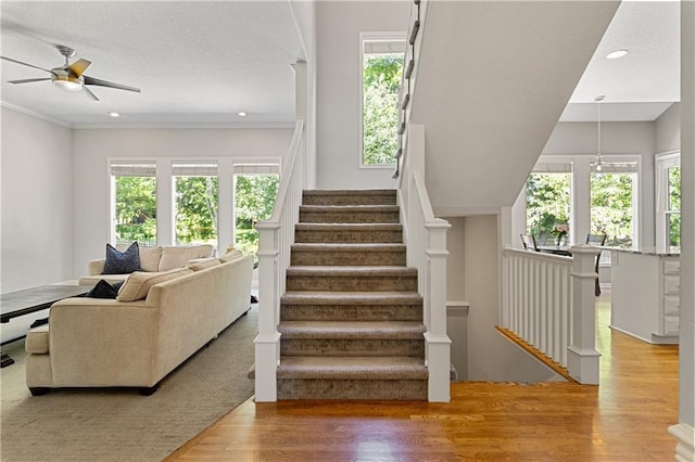 9816 W 132nd Ter, Overland Park, KS 66213 - staircase featuring wood finished floors, ceiling fan, recessed lighting, and ornamental molding
