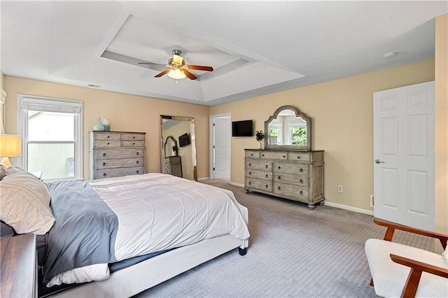 9816 W 132nd Ter, Overland Park, KS 66213 - carpeted bedroom featuring a tray ceiling, baseboards, and ceiling fan