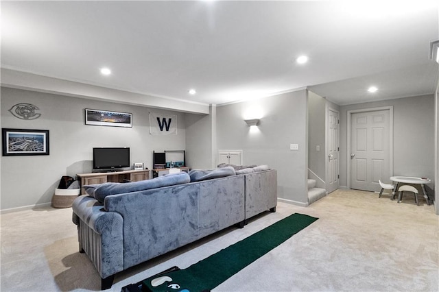 9816 W 132nd Ter, Overland Park, KS 66213 - living area featuring light carpet, recessed lighting, stairway, and baseboards
