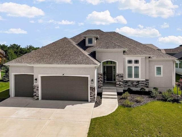 2055 NW Obrien Rd, Lees Summit, MO 64081 - french country inspired facade featuring stucco siding, a shingled roof, a garage, and a front yard