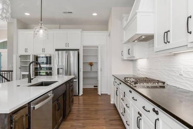 2055 NW Obrien Rd, Lees Summit, MO 64081 - kitchen featuring stainless steel appliances, custom range hood, white cabinetry, dark wood-type flooring, and backsplash