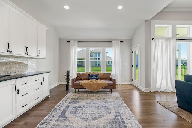 2055 NW Obrien Rd, Lees Summit, MO 64081 - living area featuring recessed lighting, dark wood-style flooring, and vaulted ceiling