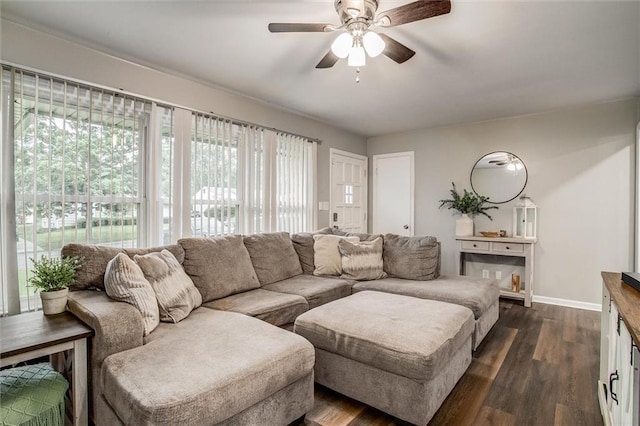 12500 E 48th Ter S, Independence, MO 64055 - living room with ceiling fan, dark wood-style floors, and baseboards