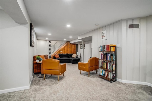 12500 E 48th Ter S, Independence, MO 64055 - carpeted living area with stairway, baseboards, and recessed lighting
