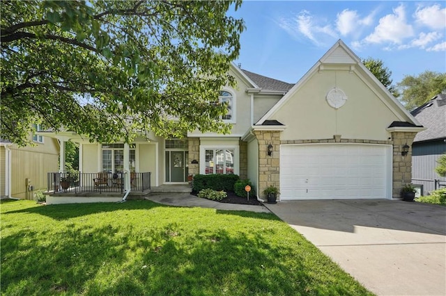 1040 Silverleaf Ln, Liberty, MO 64068 - view of front of house featuring stone siding, stucco siding, driveway, a garage, and a front yard