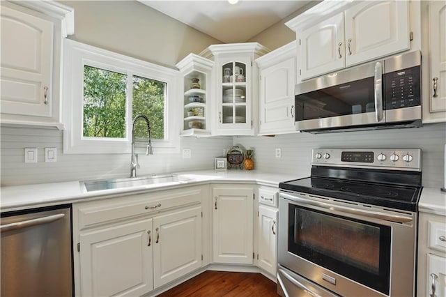 1040 Silverleaf Ln, Liberty, MO 64068 - kitchen featuring stainless steel appliances, a sink, light countertops, white cabinets, and glass insert cabinets