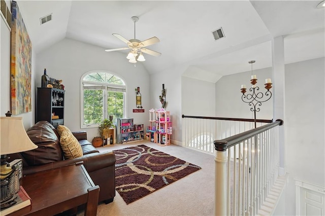 1040 Silverleaf Ln, Liberty, MO 64068 - carpeted living room with lofted ceiling and ceiling fan