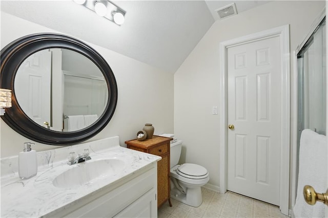 1040 Silverleaf Ln, Liberty, MO 64068 - bathroom featuring lofted ceiling, vanity, toilet, and a shower