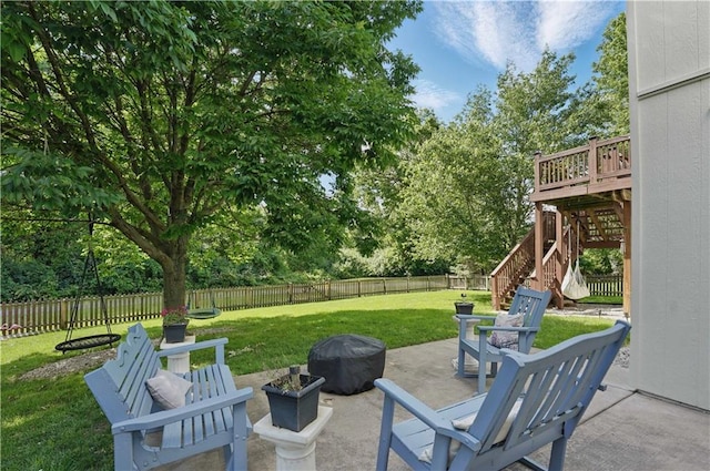 1040 Silverleaf Ln, Liberty, MO 64068 - view of patio / terrace featuring stairway, view of wooded area, and a fire pit