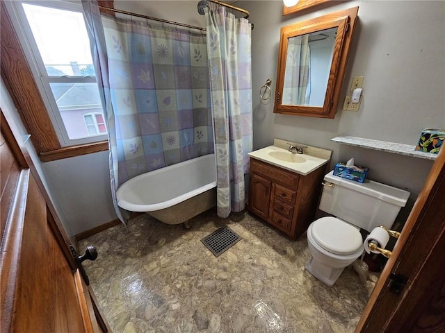 full bath featuring a bathtub, vanity, toilet, and a shower with curtain