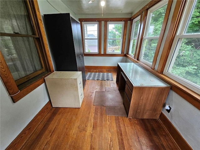 unfurnished sunroom with hardwood / wood-style flooring, healthy amount of natural light, and baseboards