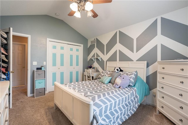 3100 Clarendon Rd, Sedalia, MO 65301 - bedroom featuring lofted ceiling, light carpet, a closet, and ceiling fan