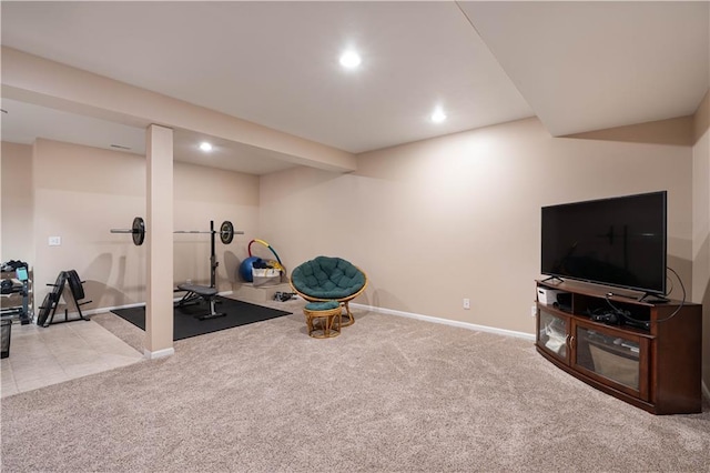 3100 Clarendon Rd, Sedalia, MO 65301 - workout room featuring carpet floors, baseboards, and recessed lighting