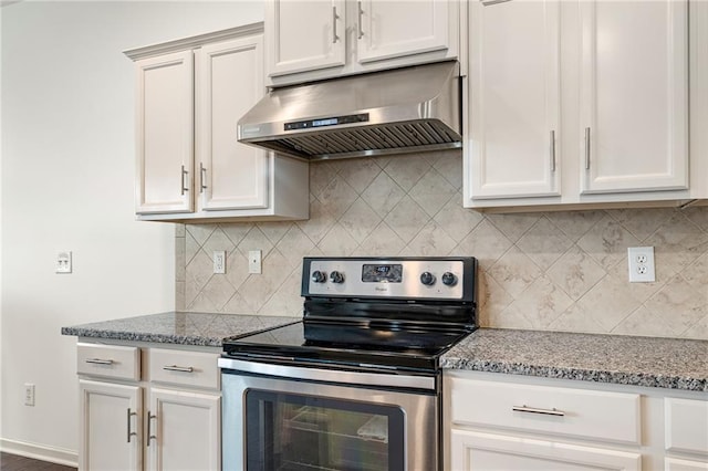 23713 W 88th St, Lenexa, KS 66227 - kitchen featuring stainless steel range with electric cooktop, extractor fan, light stone counters, and decorative backsplash