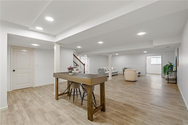 23713 W 88th St, Lenexa, KS 66227 - dining room with stairs, light wood-type flooring, recessed lighting, and baseboards