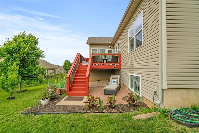 23713 W 88th St, Lenexa, KS 66227 - wooden deck with stairs, a yard, and a patio