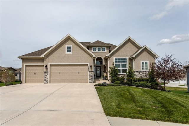 15670 W 165th Ter, Olathe, KS 66062 - traditional home with stone siding, stucco siding, a front yard, and concrete driveway