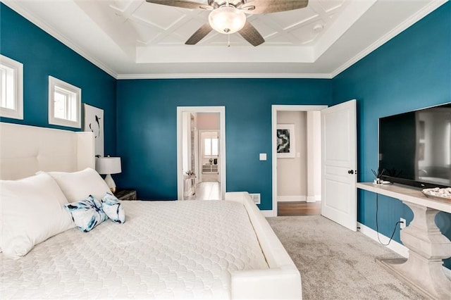 15670 W 165th Ter, Olathe, KS 66062 - carpeted bedroom featuring coffered ceiling, ornamental molding, a ceiling fan, and baseboards