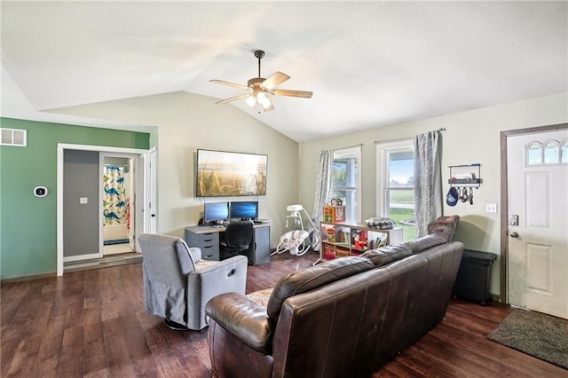 1022 N Davis Rd, Ottawa, KS 66067 - living room with a ceiling fan, healthy amount of natural light, lofted ceiling, and dark wood finished floors